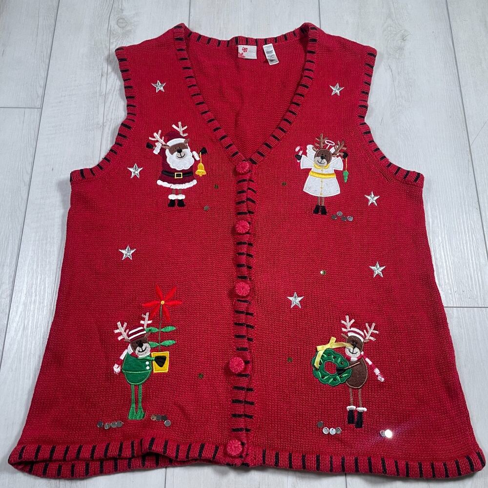 Holiday Editions Women's XL Embellished Santa Deer Christmas Sweater Vest Red